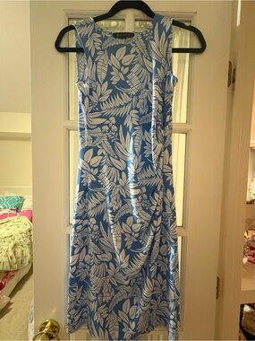 Brooks Brothers Blue & White Tropical-Leaf Sleeveless Dress
